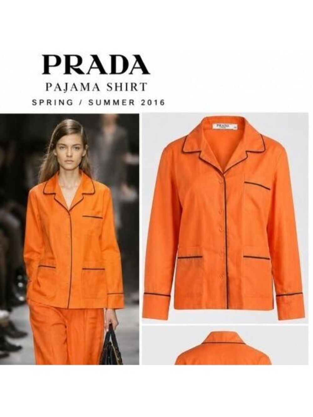 Prada S/S 2016 Runway Orange Cotton Pajama Shirt Top Black Piping FLAW 38 XS